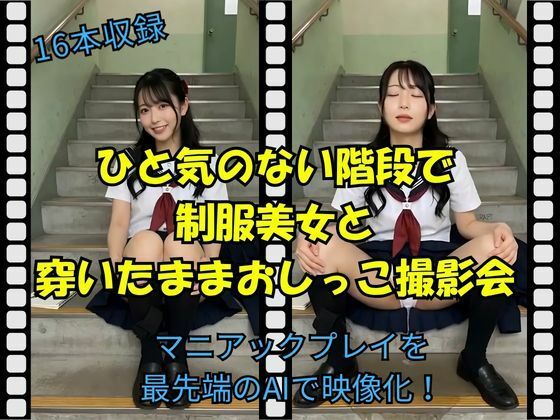 ひと気のない階段で制服美女と穿いたままおしっこ撮影会