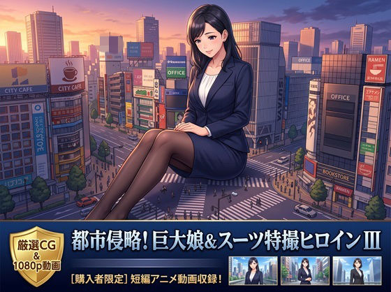 [同人]「【AIイラスト集III】都市潜伏！巨大OLスーツ特撮ヒロイン – 厳選CGコレクション（12枚/2K高画質）【特典アニメーション動画13本】」(AI-JOE)